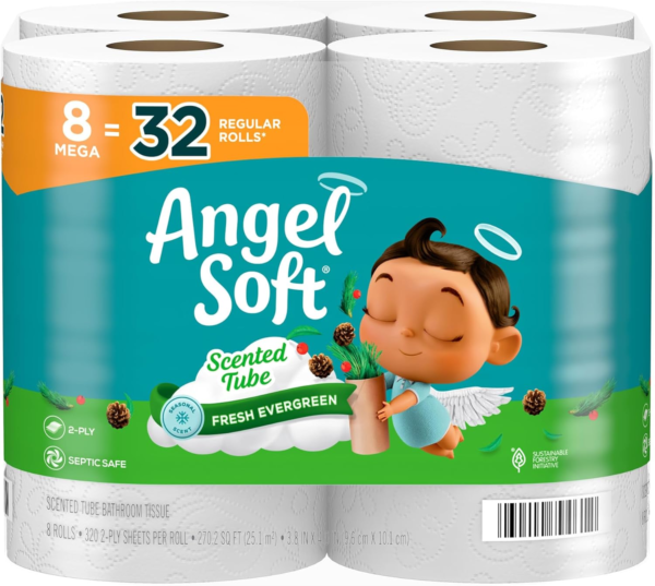 Toilet Paper with Fresh Evergreen Scented Tube, 8 Mega Rolls = 32 Regular Rolls, Soft and Strong Toilet Tissue